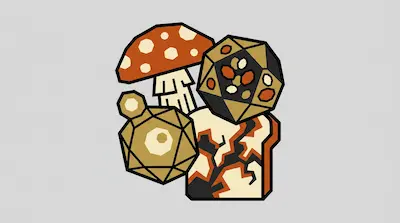 A red spotted mushroom, two tan polyhedral dice, and a slice of toast with a dark, cracked pattern.