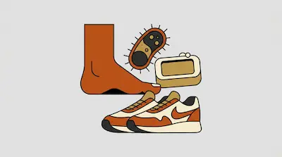 A foot, a spiky microbe, a bar of soap, and a pair of sneakers.