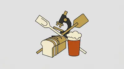 A loaf of sliced bread and a glass of beer positioned in front of a microscope and two crossed paddles.