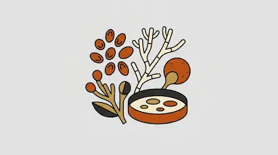 Biological elements including a petri dish, branching structures, and oval shapes in orange and tan.