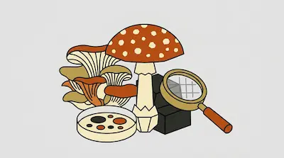 A large red mushroom with white spots, a cluster of tan mushrooms, a petri dish, and a magnifying glass.