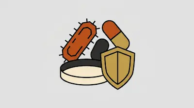 A stylized graphic of a bacterium, a capsule, a round pill, and a shield.