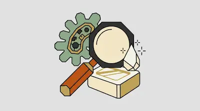 A magnifying glass with an orange handle rests against a green gear containing a cell, a white block, and a crystal.