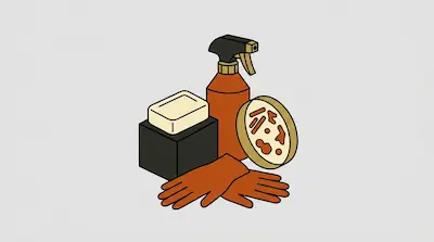 A spray bottle, a bar of soap on a box, a pair of gloves, and a petri dish with bacteria.