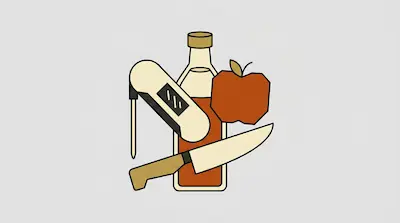 A digital meat thermometer, a bottle, an apple, and a chef's knife are grouped together.