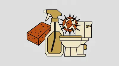 A sponge, spray bottle, and toilet are grouped with a spiked virus-like particle.