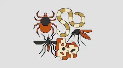 Stylized geometric depictions of a tick, a segmented worm, two mosquitoes, and a cluster of microbes.