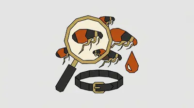 A magnifying glass focuses on a flea, surrounded by other fleas, a drop of blood, and a pet collar.