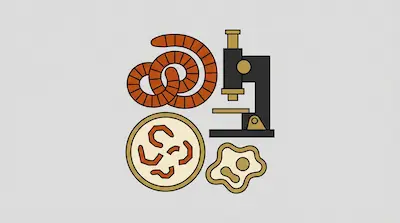 A coiled orange worm, a microscope, a petri dish with small worms, and a single-celled organism.