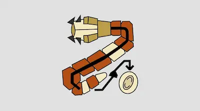 A stylized, segmented worm with a mechanical head and a black line through its body, with an arrow pointing toward a circular object.