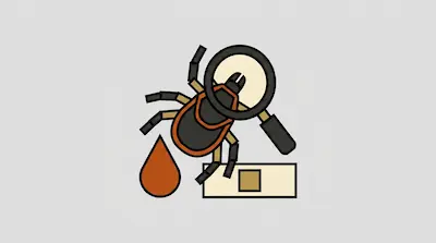 A stylized tick with a magnifying glass over its head, a drop of blood, and a microscope slide.