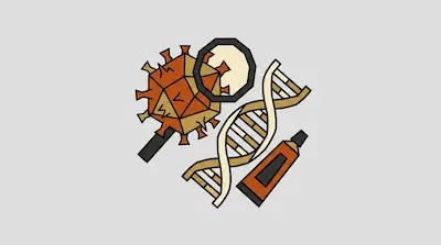 A stylized virus under a magnifying glass, a DNA double helix, and a tube of ointment.