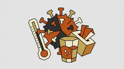 A stylized virus particle surrounded by a thermometer, a glass of liquid, and a box of tissues.