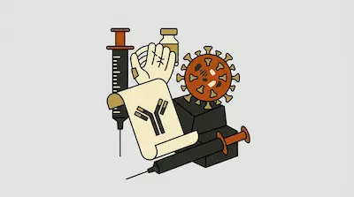A collection of medical items including syringes, a vial, a glove, a virus particle, and a scroll with an antibody symbol.