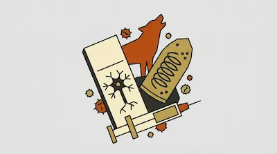 A howling wolf silhouette, a microscope slide with a neuron, a syringe, and a bullet-shaped object with a coil inside, surrounded by virus particles.
