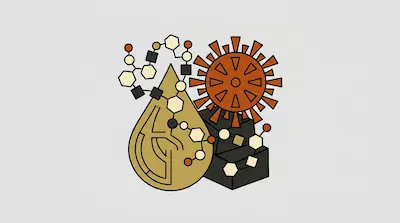 A gold teardrop, a brown spiked circle, and a black stepped block are overlaid with a chain of geometric shapes.
