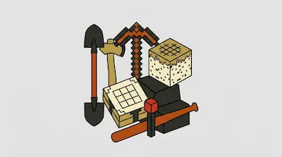 A collection of stylized video game tools and blocks, including a pickaxe, shovel, axe, and crafting table, grouped together.