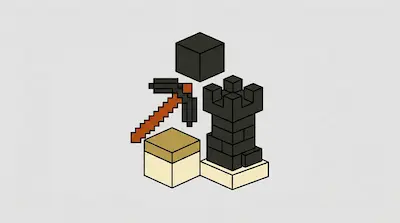 Pixelated 3D objects including a black cube, a pickaxe, and a castle tower on light-colored bases.