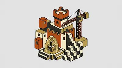 Isometric pixel art of a castle under construction with a crane and stacked blocks.