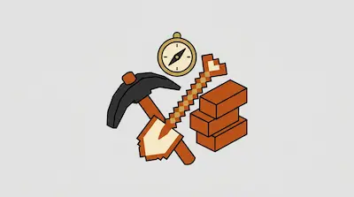 A compass, a pickaxe, a shovel, a pixelated sword, and a stack of bricks are grouped together.