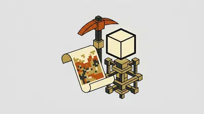 A pickaxe, a scroll with a pixelated map, and a glowing cube on a wooden structure.