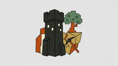 A stylized black tower, a pixelated green tree, and a pickaxe resting against a cracked rock.
