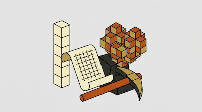 A vertical stack of white cubes, a grid-patterned scroll, a pickaxe, and a heart shape made of small orange and yellow cubes.