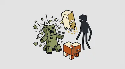 Stylized Minecraft characters including an exploding Creeper, a floating Ghast, a tall Enderman, and a pig on a plain background.
