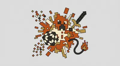 A pixelated orange explosion featuring a sword, a checkered cube, and a lit fuse on a light gray background.