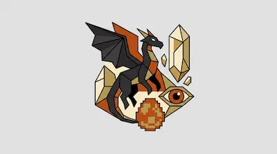 A geometric black and orange dragon surrounded by tan crystals, a large eye, and a pixelated egg.