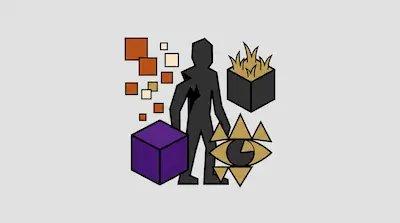 A black geometric silhouette of a person is surrounded by a purple cube, floating squares, a cube with grass, and a stylized golden eye.