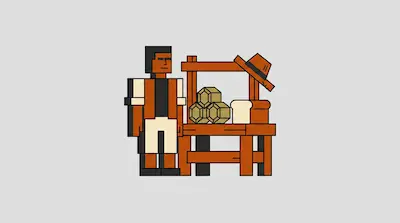 A blocky man stands next to a wooden market stall displaying hexagonal objects and a loaf of bread.