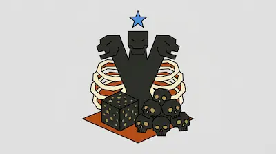 A three-headed black figure with a blue star above it, surrounded by a ribcage, a dark block with gold specks, and a pile of black skulls.