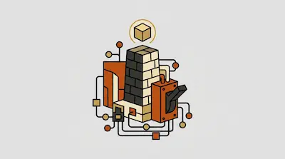 A stylized isometric graphic of a brick tower surrounded by circuit lines, a lever, and a floating cube.