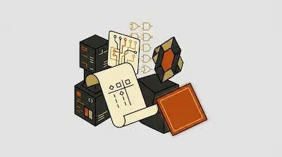A cluster of stylized technical objects including black cubes with orange markings, a circuit board, logic gates, and a scroll with a diagram.