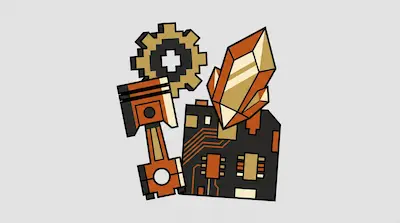 A gear, a piston, a crystal, and a circuit board in a blocky, orange and gold style.