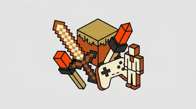 A collection of pixelated gaming icons including a sword, a block, a controller, and a character figure.
