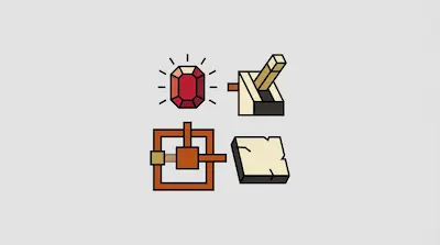 Four stylized icons arranged in a grid: a red gemstone, a lever, a square frame with a central block, and a cracked stone slab.