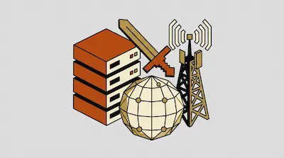 A stack of server units, a pixelated sword, a radio tower, and a wireframe globe.