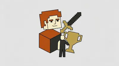 A blocky character with orange hair stands behind a pixelated sword, a gold trophy, and a small figure.