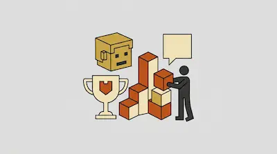 A figure adds a block to a bar chart next to a trophy, a speech bubble, and a blocky head.