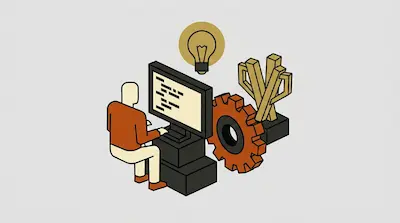 A person sits at a computer monitor displaying code, with a lightbulb icon above and a large gear and abstract shapes nearby.