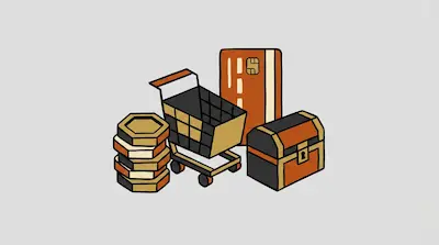 A stack of hexagonal coins, a shopping cart, a credit card, and a treasure chest.