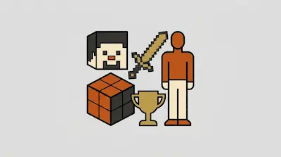 A collection of icons including a pixelated character head, a pixelated sword, a 3D cube, a trophy, and a stylized human figure.