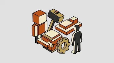 Two blocky figures stand near a large hammer, a gear, and several rectangular blocks in an isometric style.