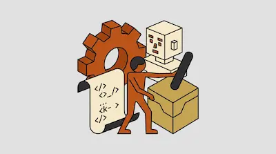 Flat illustration of a person interacting with a large gear, a robot head, and a scroll of code on a gray background