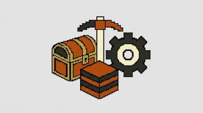 Pixel art icons of a treasure chest, a pickaxe, a gear, and a layered block.