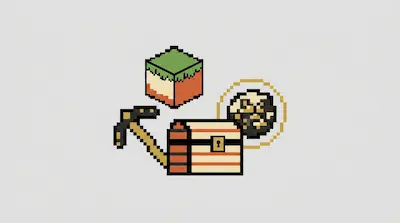 Pixel art icons of a grass block, a pickaxe, a chest, and a circular object.