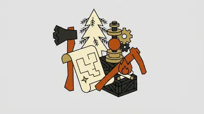 A cluster of stylized icons including an axe, a pine tree, gears, a map, a pickaxe, a campfire, and a crate.