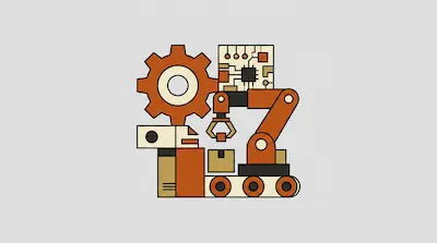 A stylized graphic of a robotic arm, a large gear, a circuit board, and a conveyor belt with boxes.
